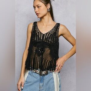 POL Openwork V-Neck Crochet Tank